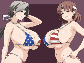 alternate_costume american_flag american_flag_bikini american_flag_print ass bikini breasts brown_eyes brown_hair chitose_(kancolle) chiyoda_(kancolle) ears flag_print flag_print_bikini grey_eyes grey_hair hair_ribbon hand_on_own_hip headband huge_breasts long_hair looking_at_viewer looking_to_the_side medium_hair navel ponytail print_bikini ribbon sideboob simple_background smile smirk swimsuit