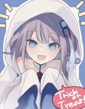 1girl :d blue_background blue_eyes chinese_hairpin commentary_request detached_collar genshin_impact ghost_pose grey_hair guizhong_(genshin_impact) hair_ornament hair_stick hexagon_hair_ornament long_sidelocks notice_lines open_mouth outline portrait sidelocks silltare sleeves_past_fingers sleeves_past_wrists smile solo starry_sky_print straight-on trick_or_treat two-sided_fabric two-sided_sleeves veil white_outline white_veil