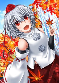 Rule 34 | 1girl, arm warmers, black sleeves, breasts, commentary request, cowboy shot, day, detached sleeves, dutch angle, fang, grey hair, hat, highres, holding, holding leaf, inubashiri momiji, leaf, leaf print, looking at viewer, maple leaf, maple leaf print, maple tree, medium breasts, medium hair, open mouth, outdoors, red eyes, red hat, red skirt, shirt, skirt, sleeveless, sleeveless shirt, smile, solo, suikyou (aqua cities), tokin hat, touhou, tree, water, waterfall, white shirt, white sleeves