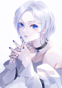 1girl absurdres black_choker blue_eyes blue_nails choker curtained_hair doloyume earrings eyelashes highres hoop_earrings interlocked_fingers jewelry long_sleeves looking_at_viewer mole mole_under_eye nail_polish off-shoulder_shirt off_shoulder original own_hands_together parted_lips shirt short_hair simple_background solo upper_body white_background white_hair white_shirt