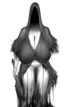 1girl absurdres arm_at_side black_dress bloodborne breasts cleavage commentary_request convenient_censoring dress faceless faceless_female faceless_hood feet_out_of_frame gameplay_mechanics ghost gigantic_breasts greyscale highres holding holding_knife hood horror_(theme) knife mergo's_wet_nurse mo_mi_sa_ki monochrome pale_skin smoke smoke_trail solo thighs white_background