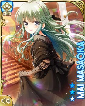 1girl black_dress black_gloves card_(medium) character_name dress earrings flower girlfriend_(kari) gloves grey_eyes indoors jewelry long_hair looking_at_viewer mansion masaoka_mai night official_art open_mouth qp:flapper rose smile solo_focus stairs standing white_flower white_rose