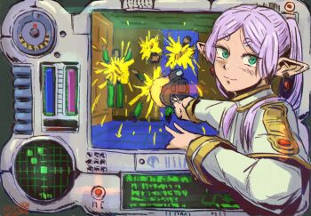 1girl 3boys :3 aqua_eyes blood bodysuit capelet closed_mouth colored_blood commentary crossover death earrings elf english_commentary explosion firing frieren gem gold_trim green_bodysuit gun handgun heads-up_display health_bar high_collar highres holding holding_gun holding_weapon jewelry kanokoga long_hair long_pointy_ears looking_at_viewer looking_back marathon_(1994) marathon_(series) multiple_boys muzzle_flash optical_sight painterly parted_bangs pink_hair pointy_ears radar red_gem science_fiction shirt signature simulacrum_(marathon) sousou_no_frieren teardrop_earrings turning_head twintails upper_body user_interface v weapon white_capelet white_shirt yellow_blood