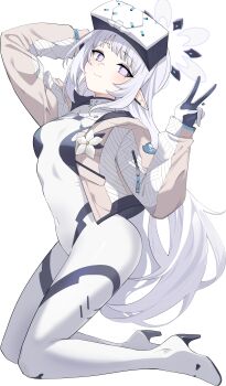 Rule 34 | 1girl, absurdres, adjusting goggles, black gloves, blue archive, blue eyes, bodysuit, breasts, closed mouth, commentary request, earclip, flower, gloves, halo, high heels, highres, himari (blue archive), himari (bodysuit) (blue archive), inapple, jacket, long hair, looking at viewer, mole, mole under eye, multicolored gloves, multicolored halo, multicolored jacket, official alternate costume, patterned clothing, pointy ears, ringed eyes, sidelocks, simple background, small breasts, smile, solo, thighs, two-tone gloves, two-tone halo, two-tone jacket, v, very long hair, white background, white bodysuit, white flower, white gloves, white hair, white halo, white jacket, wispy bangs