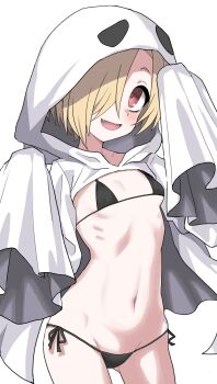 1girl alternate_costume bikini black_bikini blonde_hair blush breasts commentary cowboy_shot fang ghost_costume hair_over_one_eye halloween_costume halulu highres hood hood_up idolmaster idolmaster_cinderella_girls looking_at_viewer navel one_eye_covered open_mouth red_eyes sheet_ghost shirasaka_koume short_hair side-tie_bikini_bottom simple_background sleeves_past_fingers sleeves_past_wrists small_breasts smile solo swimsuit tareme white_background