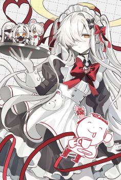 1boy 4girls alternate_costume animal_costume apron arm_at_side bear_costume black_bow black_dress blindfold blue_archive bow bowtie commentary_request cowboy_shot cup doodle_sensei_(blue_archive) dress drooling ein_(blue_archive) enmaided frilled_apron frills grid_background hair_bow hair_over_one_eye hand_up highres holding holding_cup holding_tray konattang long_hair looking_at_viewer maid maid_headdress malkuth_(blue_archive) mask mini_person minigirl multiple_girls nail_polish ohr_(blue_archive) orange_eyes parted_lips red_bow red_bowtie red_nails red_ribbon respirator ribbon sensei_(blue_archive) sof_(blue_archive) tray very_long_hair white_apron white_background white_hair x_x