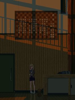 1girl animated animated_gif bag ball basketball_(object) black_skirt blazer blonde_hair door evening grey_jacket hair_ornament indoors jacket kuuchuu_roukaku light_particles looping_animation original pixel_art reflective_floor shoes skirt solo stage standing wide_shot window_shadow wooden_floor