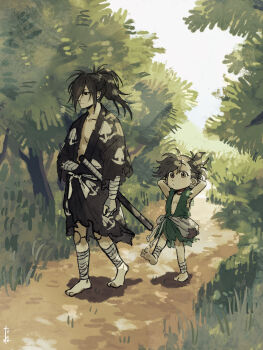 1boy 1girl arms_behind_head bandaged_arm bandages barefoot black_eyes black_hair brown_eyes doll_joints dororo_(character) dororo_(tezuka) highres hyakkimaru_(dororo) joints long_hair outdoors path ponytail prosthesis prosthetic_leg reverse_trap road torn_clothes torn_sleeves umeboitarou walking