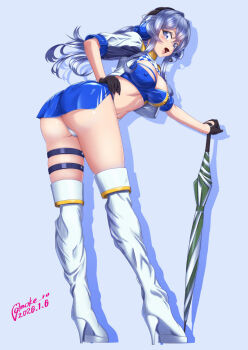 1girl 2026 artist_name bent_over black_gloves blue_eyes blue_hair blue_skirt boots breasts character_request cleavage cleavage_cutout clothing_cutout commentary_request covered_erect_nipples full_body gloves gotland_(2020_race_queen)_(kancolle) gotland_(kancolle) headphones high_heel_boots high_heels holding holding_umbrella kantai_collection large_breasts long_hair looking_back microskirt midriff miniskirt moke_ro panties pantyshot race_queen signature skirt solo standing thigh_boots thigh_strap umbrella underwear white_boots white_panties