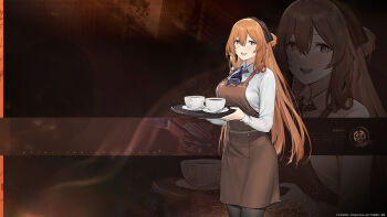 1girl absurdres apron artist_request brown_apron brown_hair coffee_mug commentary_request cup girls&#039;_frontline girls&#039;_frontline_2:_exilium green_eyes highres holding holding_tray mug official_art official_wallpaper second-party_source shirt solo springfield_(girls&#039;_frontline) springfield_(girls&#039;_frontline_2) tray white_shirt zoom_layer