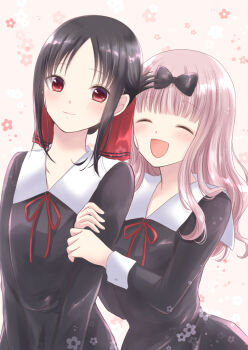 2girls arm_hug black_bow black_dress black_hair blunt_bangs bow closed_eyes closed_mouth commentary_request dress floral_background fujiwara_chika hair_bow hair_ribbon kaguya-sama_wa_kokurasetai_~tensai-tachi_no_renai_zunousen~ long_hair looking_at_viewer maekawa_suu multiple_girls neck_ribbon open_mouth pink_background pink_hair red_eyes red_ribbon ribbon school_uniform shinomiya_kaguya shuuchiin_academy_school_uniform sidelocks smile winter_uniform