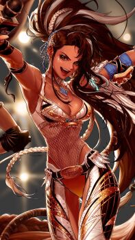1girl braid breasts brown_hair character_request cleavage cowboy_shot dark_skin dungeon_and_fighter fishnet_leotard fishnets grey_hair highres holding holding_microphone kim_hana leotard lips long_hair looking_at_viewer medium_breasts microphone multicolored_hair open_mouth ponytail red_eyes solo streaked_hair tongue