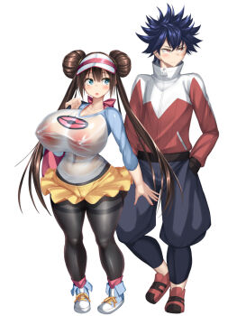 1boy 1girl bag black_pantyhose blue_eyes blue_hair blush breasts brown_hair cameltoe covered_erect_nipples curvy double_bun full_body hair_bun handbag height_difference huge_breasts hugh_(pokemon) kawahagitei long_hair looking_at_another looking_away nintendo open_mouth pantyhose pantyhose_under_shorts pokemon pokemon_bw2 raglan_sleeves red_eyes rosa_(pokemon) see-through_clothes shoes short_shorts shorts simple_background sneakers spiked_hair standing thick_thighs thighs twintails very_long_hair visor_cap white_background wide_hips yellow_shorts