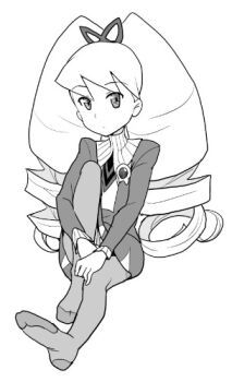 1girl bad_id bow dress drill_hair greyscale hair_bow heriyama long_hair looking_at_viewer lowres luna_platz_(mega_man) mega_man_(series) mega_man_star_force_(series) monochrome pantyhose simple_background sitting twin_drills very_long_hair white_background