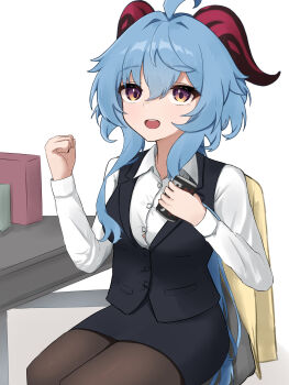1girl ahoge alternate_costume beer_can black_skirt black_vest blue_hair blush breasts brown_pantyhose buttons can chair clenched_hand collared_shirt drink_can formal_clothes ganyu_(genshin_impact) genshin_impact goat_horns hair_between_eyes hands_up highres holding holding_can horns lapels long_hair long_sleeves looking_at_viewer low_ponytail medium_breasts miniskirt multicolored_eyes office_lady on_chair open_mouth pantyhose ponytail puffy_long_sleeves puffy_sleeves purple_eyes shirt sidelocks simple_background sitting skirt smile solo table teeth user_wapz7472 vest white_background white_shirt yellow_eyes