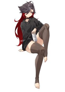 1boy absurdres astolfo_monster_cosplay_(meme) black_choker black_hair black_hoodie black_thighhighs can choker collarbone commentary drawstring english_commentary full_body hair_over_one_eye highres holding holding_can hood hood_down hoodie long_hair long_sleeves looking_at_viewer male_focus meme monster_energy morinosuke multicolored_hair no_pants original red_eyes red_hair simple_background sitting smile solo thighhighs toeless_legwear toes trap two-tone_hair white_background
