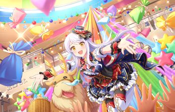 +_+ antlers armband audience basket blitzen blush boots eve_santaclaus faceless frills garter_straps gift horns idolmaster idolmaster_cinderella_girls indoors lace-up_boots long_hair mall nose_bubble official_art open_mouth ornament reindeer ribbon stage star_(symbol) thigh_boots thighhighs tongue white_hair yellow_eyes