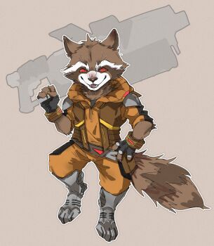 1boy absurdres animal_ears black_gloves brown_vest claws colored_sclera commentary fangs fingerless_gloves furry furry_male gloves guardians_of_the_galaxy gun highres holding holding_gun holding_weapon looking_at_viewer male_focus marvel over_shoulder raccoon_boy raccoon_ears raccoon_tail red_sclera rocket_raccoon sisijimakarashi smile symbol-only_commentary tail vest weapon weapon_over_shoulder