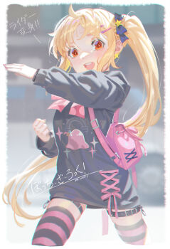 Rule 34 | absurdres, ahoge, alphonse (white datura), bag, black shirt, blonde hair, blue bow, blush, bocchi the rock!, border, bow, bowtie, character print, commentary, dated, gothic lolita, gotoh hitori, hair bow, hair ornament, hairclip, highres, ijichi nijika, lolita fashion, long hair, long sleeves, looking at viewer, open mouth, outstretched arm, pink bag, pink bow, pink bowtie, print shirt, puffy long sleeves, puffy sleeves, red eyes, shirt, shoulder bag, signature, smile, solo, striped clothes, striped thighhighs, teeth, thighhighs, twintails, upper teeth only, walking, white border