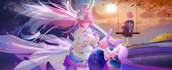 2girls absurdres aqua_hair bare_shoulders breasts bridal_veil commentary_request cyrene_(aedes_elysiae)_(honkai:_star_rail) cyrene_(honkai:_star_rail) cyrene_(ripples_of_past_reverie)_(honkai:_star_rail) diamond-shaped_pupils diamond_(shape) dress dual_persona flower hair_flower hair_ornament highres honkai:_star_rail honkai_(series) incredibly_absurdres large_breasts long_hair mem_(honkai:_star_rail) multicolored_hair multiple_girls on_swing orange_sky pink_hair planet purple_eyes rain_sama sky sun swing symbol-shaped_pupils two-tone_hair veil very_long_hair white_dress