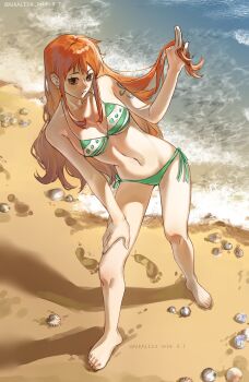 1girl bare_arms bare_legs barefoot beach bikini breasts brown_eyes chinese_commentary cleavage closed_mouth commentary_request dated earrings feet footprints full_body green_bikini halterneck hand_on_own_thigh hand_up highres holding holding_own_hair jewelry knees leaning_to_the_side long_hair looking_at_viewer medium_breasts nami_(one_piece) navel ocean one_piece orange_hair outdoors pearl_earrings sa_alkali22 sand seashell shell shoulder_tattoo side-tie_bikini_bottom sidelocks solo standing stomach swimsuit tattoo toes twitter_username waves wavy_hair