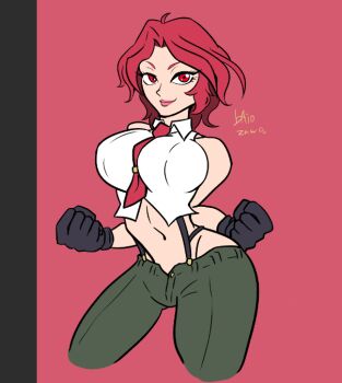 1girl baiozawa breasts formal_clothes gloves huge_breasts large_breasts leather looking_at_viewer pale_skin pants red_eyes red_hair shirt short_hair smile smiley_face the_king_of_fighters thick_thighs thighs unbuttoned undressing vanessa_(kof) white_shirt