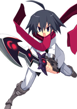 1boy ahoge almaz_von_almadine_adamant black_hair blue_eyes disgaea floating_scarf gloves holding holding_sword holding_weapon makai_senki_disgaea_3 male_focus open_mouth red_scarf scarf sidelocks simple_background solo sword weapon white_background zuku_p