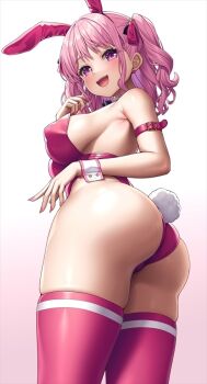 1girl :d animal_ears arm_belt ass bang_dream! belt blush breasts commentary_request covered_erect_nipples fake_animal_ears fake_tail from_behind lambda_(kusowarota) large_breasts leotard looking_at_viewer maruyama_aya open_mouth pink_belt pink_eyes pink_hair pink_leotard pink_thighhighs playboy_bunny purple_eyes rabbit_ears rabbit_tail simple_background smile solo tail teeth thick_thighs thighhighs thighs tongue twintails upper_teeth_only white_background white_wrist_cuffs wrist_cuffs
