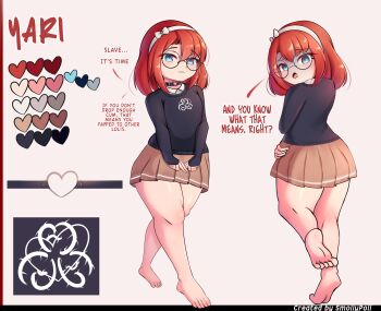 absurdres blue_eyes bunalonne reference_sheet choker english_text feet glasses headband highres loli red_hair self-upload shirt short_hair skirt tagme thick_thighs thighs yandere yari_stelood_(bunalonne)