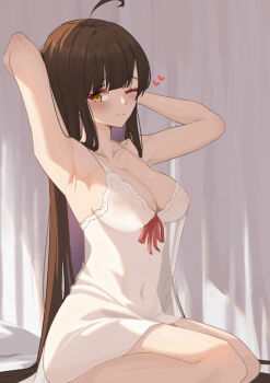 1girl absurdres ahoge ara_haan black_hair blush breasts cleavage closed_mouth commentary_request covered_navel elsword eyeshadow heart highres kirin_(kirin26497823) long_hair looking_at_viewer makeup medium_breasts mixed-language_commentary nightgown one_eye_closed orange_eyes red_eyeshadow sitting smile solo very_long_hair