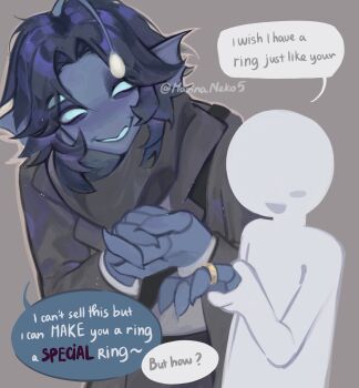 1boy 1other anglerfish_boy blue_eyes blue_hair blue_skin blue_tongue claws coat colored_skin colored_tongue commentary english_commentary english_text extra_eyes extra_hands fins fish_boy grey_background grey_coat head_fins highres holding_hands illicium jewelry marinaneko5 medium_hair monster_boy own_hands_together pressure_(roblox) ring roblox sebastian_solace simple_background solid_eyes upper_body