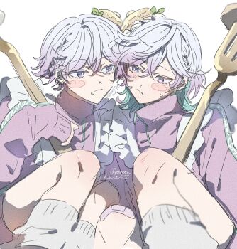 2boys apron blush_stickers commentary_request crossdressing crossdressing_(mtf) crossed_bangs crumbs fork highres holding holding_fork jersey_maid long_sleeves looking_at_another maid maid_apron male_focus male_maid multiple_boys paradox_live shirota69 siblings socks unconventional_maid watermark yatonokami_kanata yatonokami_nayuta