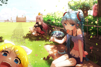 1boy 3girls :d ahoge animal animal_on_head balloon bare_shoulders belt bench bird bird_on_head blonde_hair blue_eyes blue_hair blush boots braid bridge brown_hair character_request collarbone double_m/ eating eyes_visible_through_hair flower food green_hair hair_ornament hair_ribbon hairclip hand_fan hatsune_miku highres holding hugging_own_legs ia_(vocaloid) kagamine_rin kaito_(vocaloid) lap_pillow lens_flare long_hair love_live! love_live!_school_idol_project lying m/ megurine_luka meiko_(vocaloid) mouth_hold multiple_girls on_back on_head one_eye_closed open_mouth outdoors pants paper_fan parody path peeking_out photobomb pink_hair popsicle purple_eyes qys3 railing ribbon road shirt shorts sitting skirt smile sweat tied_shirt tree twintails uchiwa very_long_hair vocaloid white_footwear wristband