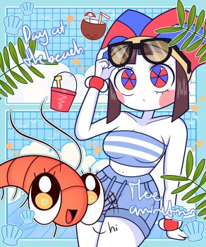 1girl absurdres artist_name beach bikini blue_bikini breasts brown_hair closed_mouth colored_skin commentary english_commentary english_text eyelashes eyewear_on_head hand_up hat highres jester_cap looking_at_viewer medium_breasts multicolored_eyes open_mouth pomni_(the_amazing_digital_circus) strapless strapless_bikini swimsuit the_amazing_digital_circus theeanimatour white_skin