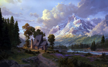 absurdres blue_sky building bush chimney cloud commentary day english_commentary flower fog highres house krita_(medium) lake landscape mountain nature no_humans original outdoors path philipp_urlich purple_flower road scenery sky snow sunlight tree water