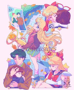 Rule 34 | 1girl, aino minako, alan (sailor moon), autumn leaves, bishoujo senshi sailor moon, blonde hair, blue eyes, bow, closed eyes, geostreasures, highres, hug, katarina (sailor moon), leaf, long hair, long sleeves, magical girl, mask, miniskirt, red bow, sailor v, sailor venus, skirt, unworn mask, very long hair