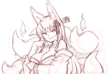 1girl :&gt; aged_up animal_ear_fluff animal_ears breasts cleavage closed_mouth commentary_request fox_ears fox_girl fox_tail hair_between_eyes hair_ribbon hitodama jingai_modoki kitsune large_breasts long_hair looking_at_viewer mon-musu_quest! monster_girl multiple_tails official_artist_extra ribbon shoulder_tattoo signature simple_background sketch solo tail tamamo_(true_form)_(mon-musu_quest!) tattoo