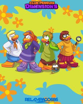 Rule 34 | 2boys, 2girls, abstract background, absurdres, artist name, blonde hair, blue pants, brown fur, brown hair, club penguin, copyright logo, cosplay, daphne blake, daphne blake (cosplay), dress, fred jones, fred jones (cosplay), furrification, furry, furry female, furry male, glasses, green fur, green shirt, hairband, highres, holding, holding magnifying glass, logo, long hair, magnifying glass, multiple boys, multiple girls, open mouth, orange hair, orange sweater, pants, pink fur, pleated skirt, puffle (club penguin), purple dress, purple hairband, purple shoes, red skirt, relampago686, scooby-doo (series), shaggy rogers, shaggy rogers (cosplay), shirt, shoes, short hair, skirt, sweater, teeth, upper teeth only, velma dinkley, velma dinkley (cosplay), white fur, white shirt, yellow fur