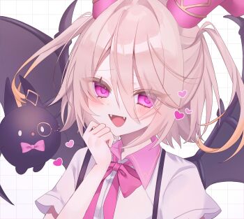 #compass 1boy 8taraka7i :d bat_wings black_wings blush bow bowtie brown_hair collared_shirt commentary_request creature curled_horns demon_horns demon_wings double-parted_bangs familiar fangs furrowed_brow gradient_hair grid_background hair_between_eyes hair_intakes hand_up hashtag-only_commentary heart highres horn_ornament horns long_hair_between_eyes looking_at_viewer lovey_chouchoumarchou loving_aura male_focus monocle multicolored_hair open_mouth orange_hair pink_bow pink_bowtie pink_hair pink_horns portrait shirt short_hair short_sleeves simple_background smile solo suspenders trap two-tone_hair two_side_up white_background white_shirt wings