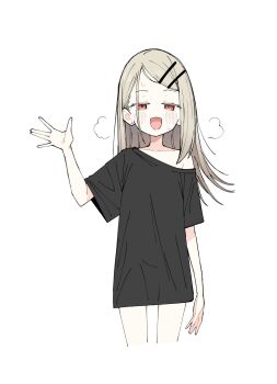 1girl black_shirt blush collarbone colored_eyelashes commentary_request cowboy_shot cropped_legs earrings flipped_hair gakuen_idolmaster gradient_hair grey_hair hair_ornament hairclip half-closed_eyes hand_up highres idolmaster jewelry long_hair looking_at_viewer multicolored_hair naked_shirt open_hand open_mouth orange_eyes parallel_hairclips parted_bangs puff_of_air sabi1234 shinosawa_hiro shirt short_sleeves simple_background single_off_shoulder solo standing stud_earrings sweat swept_bangs t-shirt white_background