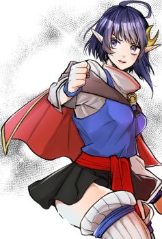 1girl ahoge blue_eyes blue_hair cape closed_mouth commentary_request crescent crescent_hair_ornament hair_ornament highres pointy_ears red_cape rena_lanford rorongaxx short_hair skirt solo star_ocean star_ocean:_the_second_story thighhighs