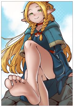 1girl absurdres bare_legs barefoot blonde_hair blue_background blue_capelet blue_dress border braid breasts bright_pupils capelet choker cleavage closed_mouth day dress dungeon_meshi elf feet foot_focus foot_out_of_frame foot_up green_eyes hair_ribbon highres knee_up legs long_hair marcille_donato mashiaka outdoors parted_bangs pointy_ears qwestnblystewds red_choker red_ribbon ribbon sitting small_breasts smile soles solo toes very_long_hair white_border white_pupils