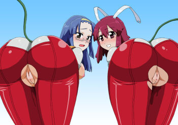 2girls aresta_blanket ass bent_over blue_hair breasts fight_ippatsu!_juuden-chan!! glasses headband huge_ass latex long_hair looking_at_viewer looking_back multiple_girls plug plug_cryostat presenting purple_eyes pussy pussy_juice red_hair short_hair sideboob smile torn_clothes uncensored wet
