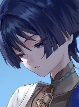 Rule 34 | 1boy, black bodysuit, black hair, blue background, blue cape, blunt ends, bodysuit, bright pupils, cape, choppy bangs, commentary, covered collarbone, eyeliner, genshin impact, hair intakes, half-closed eyes, highres, japanese clothes, kimono, looking down, makeup, male focus, mandarin collar, meppe me, open mouth, portrait, red eyeliner, scaramouche (genshin impact), shoulder peek, solo, untranslatable commentary, tsurime, wanderer (genshin impact), white kimono, white mouth, white pupils, white sleeves