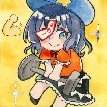 1girl black_ribbon black_skirt blue_eyes blue_hat blush chinese_clothes closed_mouth commentary_request emoji exercising frilled_skirt frilled_sleeves frills full_body hat hat_ornament jiangshi miyako_yoshika neck_ribbon newsboy_cap ofuda orange_shirt painting_(medium) pppppks purple_hair ribbon shirt short_hair short_sleeves skirt smile solo star_(symbol) star_hat_ornament tangzhuang touhou traditional_media v-shaped_eyebrows watercolor_(medium) weightlifting yellow_background