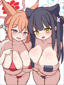 2girls alternate_breast_size animal_ear_fluff animal_ears bikini bikini_pull black_bikini black_hair blue_archive blush breasts cleavage clothes_pull eyepatch_bikini fang flower green_eyes hair_flower hair_ornament hair_rings halo highres huge_breasts long_hair multiple_girls open_mouth oppai_loli orange_hair purple_eyes red_bikini rumi_(blue_archive) rumi_(small)_(blue_archive) shun_(blue_archive) shun_(small)_(blue_archive) smile standing swimsuit tachibana_(cyclone1316) twintails white_background