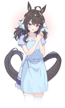 1girl absurdres ahoge animal_ears apron black_hair blue_eyes blush daring_tact_(umamusume) hair_between_eyes hair_ornament highres horse_ears horse_girl horse_tail kashmir_0808 school_uniform simple_background solo tail tracen_school_uniform umamusume white_background