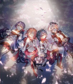 4girls androgynous asymmetrical_legwear black_thighhighs blue_hair cherry_blossoms closed_eyes commentary dappled_sunlight detached_sleeves dress falling_petals feet_out_of_frame flower_(vocaloid) flower_(vocaloid4) full_body fur-trimmed_overskirt half-closed_eyes halter_dress halterneck hand_on_another&#039;s_shoulder hands_on_own_stomach highres holding_hands horns japanese_clothes karanagare light_particles light_smile long_hair looking_at_another lying meika_hime meika_mikoto mismatched_legwear multicolored_hair multiple_girls on_back overskirt own_hands_together parted_lips petals pink_hair purple_eyes purple_hair purple_skirt red_eyes red_skirt red_thighhighs shirt short_hair side-by-side skirt streaked_hair sunlight thighhighs very_long_hair vocaloid white_dress white_hair white_shirt white_sleeves xin_hua