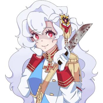 1girl aiguillette alpha_(alpha_1918) armband blood bloody_knife blue_sash buttons collar crazy cross cross_pendant epaulettes findoworld fluffy fluffy_hair gloves gold_buttons gold_trim hair_ornament hand_on_own_cheek hand_on_own_face heart heart-shaped_pupils holding holding_knife kitchen_knife knife lips long_hair looking_at_viewer military military_uniform original red_eyes russian_empire sash sleeve_cuffs smile solo sputnik_and_pogrom sticker symbol-shaped_pupils transparent transparent_background very_long_hair white_gloves white_hair yandere