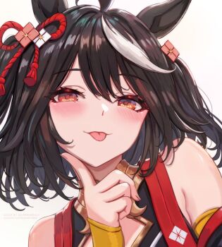 1girl :p ahoge animal_ears bare_shoulders black_hair blush breasts detached_sleeves ear_ornament hair_between_eyes hair_ornament horse_ears horse_girl kitasan_black_(crowning_ooban)_(umamusume) kitasan_black_(umamusume) leonmandala looking_at_viewer multicolored_hair red_eyes rope shimenawa short_hair smile solo streaked_hair tongue tongue_out umamusume upper_body white_hair